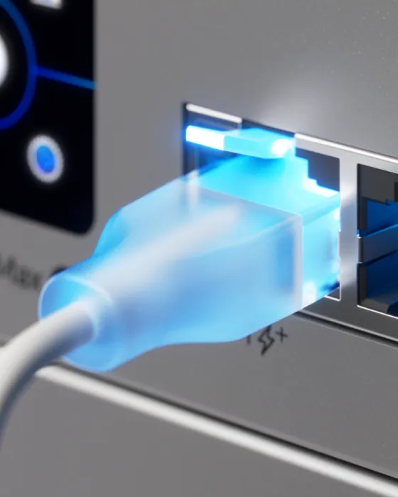 A close-up of a patch cable plug glowing blue in a switch port